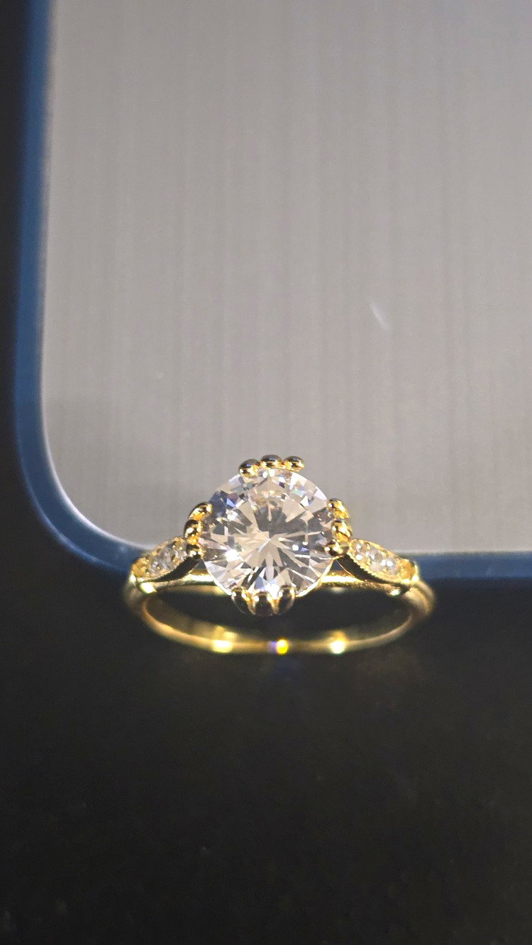 925 Sterling Silver Gold Color Round White Cubic Zirconia Prong Ring Size 7